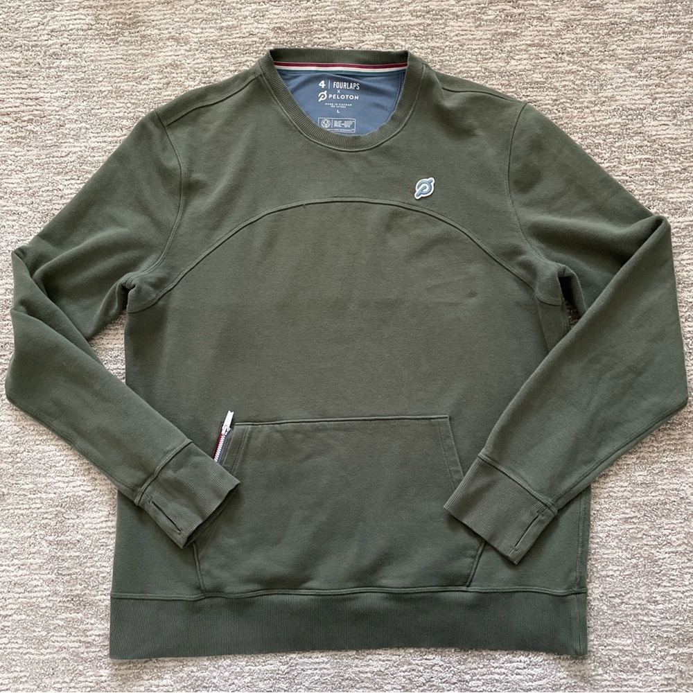 Four Laps x Peloton Green Sweatshirt Mens L Long Sleeve Kangaroo Pocket Crew